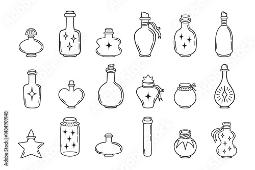Magic flasks, bottles and jars doodle hand drawn icon set. Outline drawing line clipart symbol collection