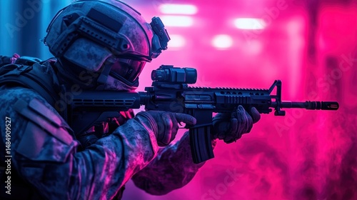 Caucasian male soldier in tactical gear aiming rifle amidst vibrant pink smoke