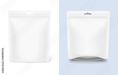 Realistic stand up pouch bag with hang slot mockup. Vector illustration isolated on white background. Ready for your design. EPS10.