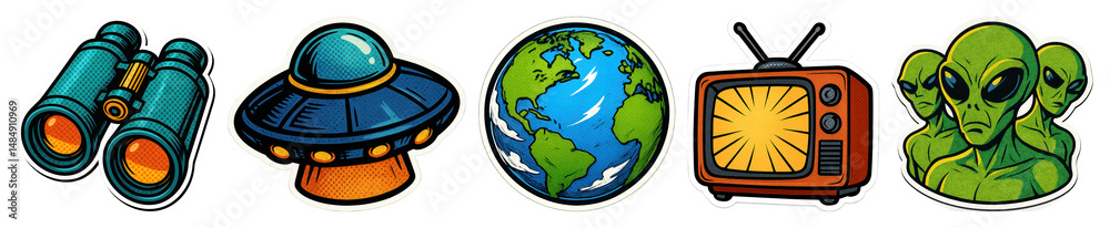 Naklejka premium PNG Colorful retro space exploration icons, element set on transparent background