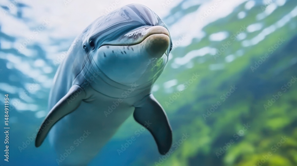 Fototapeta premium Close-Up View of a Dolphin Swimming Gracefully Underwater