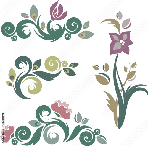 Vector Chinese ornamental floral designs set with peacock feathers, flowers, leaves, swirls. Exquisite decorative luxury designs, typical for Asian cultural tradition.