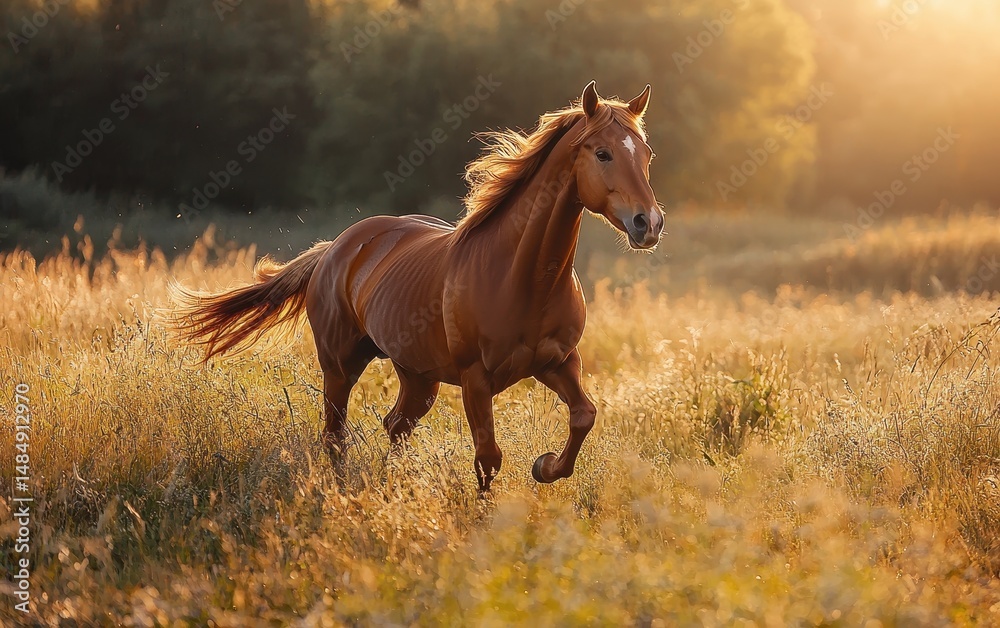 Fototapeta premium Gentle horse galloping through an open field, warm afternoon light, natural outdoor lighting