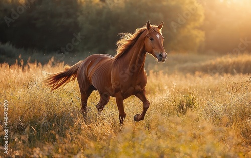 Gentle horse galloping through an open field, warm afternoon light, natural outdoor lighting