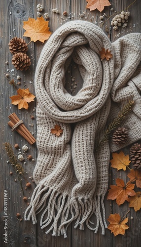 Minimal fall flatlay with cozy textures featuring a wool scarf, cinnamon sticks, and pinecones on rustic wood surface Generative AI