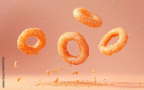 Onion ring chips with crunchy coating, floating on a pastel peach background