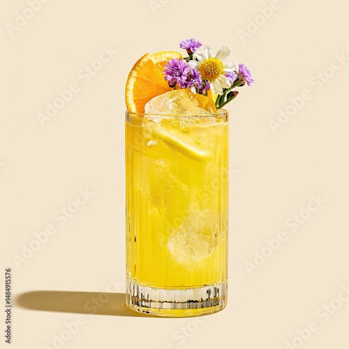 Vibrant citrus cocktail, garnished with fresh flowers and fruit slices