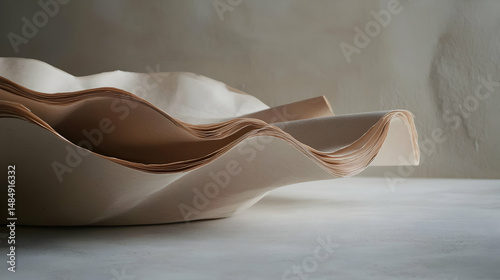Wallpaper Mural Cream-colored, sculpted bowl with layered, wavy forms.  The bowl's organic shape resembles stacked, folded paper or fabric.  Light beige tones create a subtle contrast against a muted background Torontodigital.ca