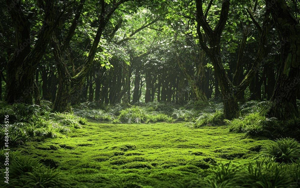 Fototapeta premium Of a forest with a carpet of green moss and towering evergreen trees