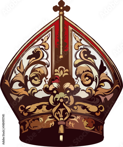 Baroque Style Bishop Mitre Vector with Gold Cross – Ornate Catholic Headdress for Religious Art and Ecclesiastical Design