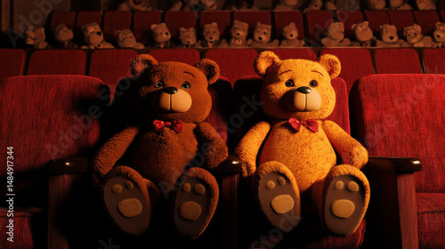 Two plush teddy bears sit side by side in a dimly lit theater, surrounded by rows of their furry friends.