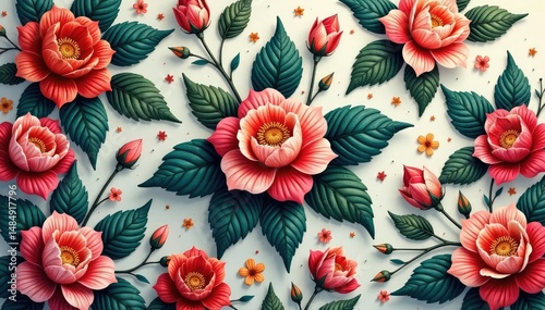 Intricate floral design, seamlessly repeating, delicate details , botanical, summer, elegant