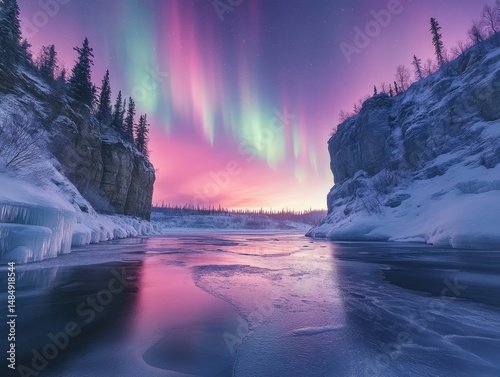 Aurora shimmering above a frosted canyon reflecting its hues in the frozen waters below, Generative AI