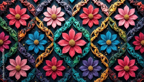 Intricate floral motifs within a tessellated hexagon pattern , floral, pattern