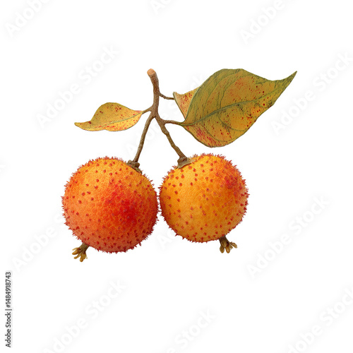 Two Ripe Arbutus Unedo Berries with Leaves on white background