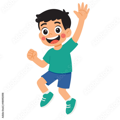 Boy cartoon character expressing happiness by jumping. Suitable for children's books, educational materials, and websites. Joyful and vibrant character