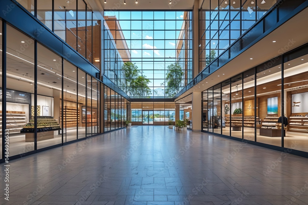 Fototapeta premium Vacant Upscale Retail Venue Featuring Panoramic Glass Elements