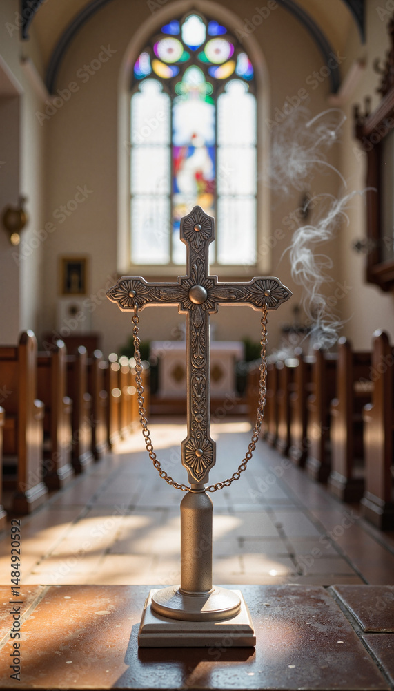 Fototapeta premium Ornate silver cross reflecting light in serene church, sacred symbolism