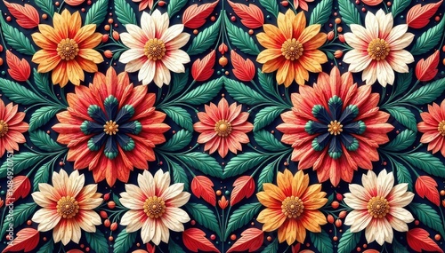 Intricate floral textile design, repeating motif, trendy, artwork, pastel