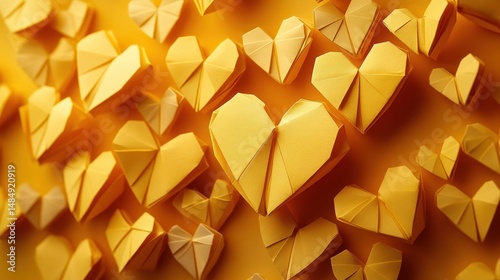 Yellow origami heart patterns on orange background