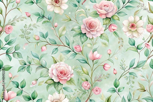 Floral pattern with pink flowers and green leaves