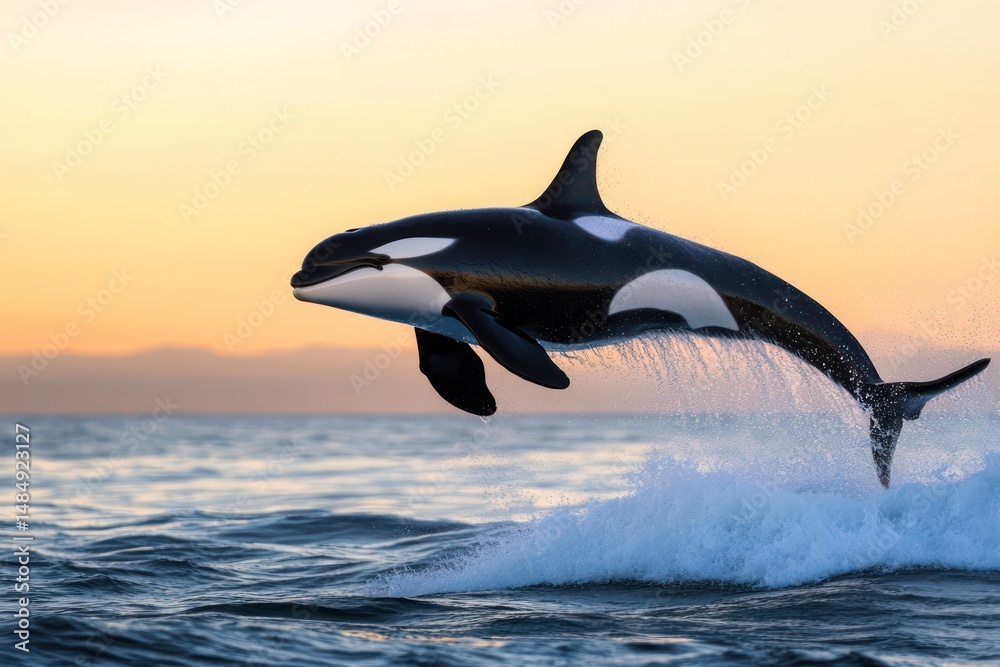 Fototapeta premium Killer whale jumps out of ocean water in wild nature