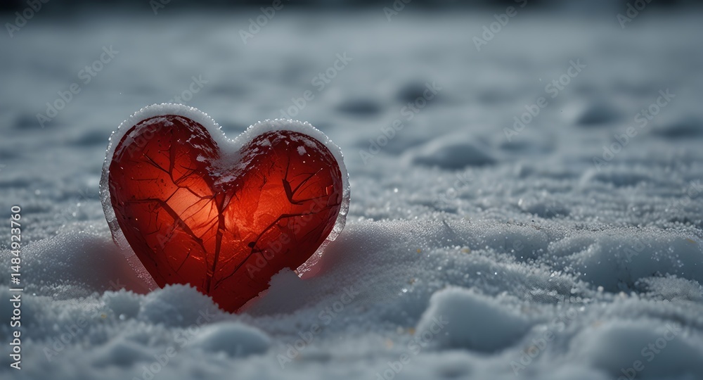 Fototapeta premium A red heart, cracked and faintly glowing, sits in the snow, blending warmth with the chill of winter. 