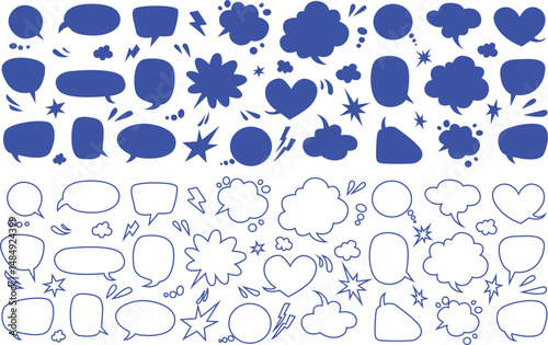 Speech bubble text frame dialog cloud hand drawn set. Blue flat doodle talk speech bubble frame. Hand drawn line chalk frame, think balloon, children doodle text cloud icon. Vector illustration.