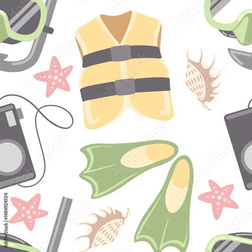 Seamless vector pattern of summer vacation icons isolated. Diving mask and life jacket and flippers.