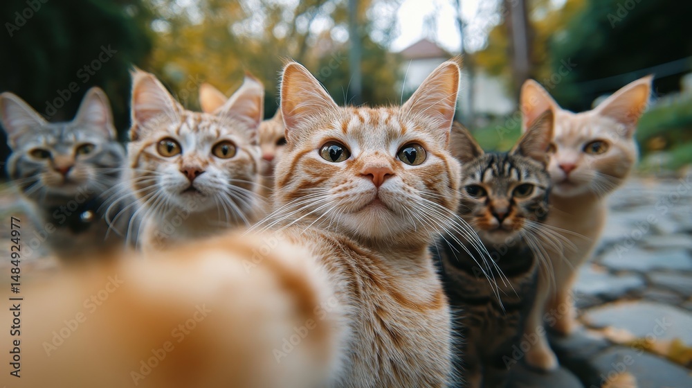 Curious group of cats taking a selfie in a park setting Curious group of cats taking a selfie in a park setting