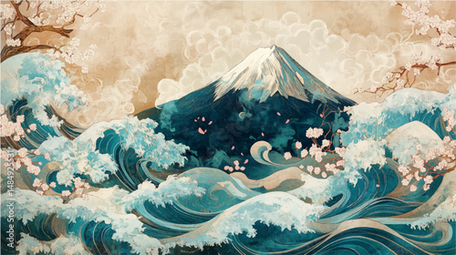 Vector illustration of Mount Fuji with cherry blossoms and swirling clouds