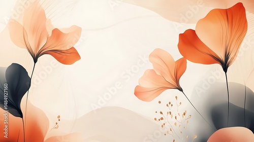 Abstract floral art; peach, orange, and grey flowers