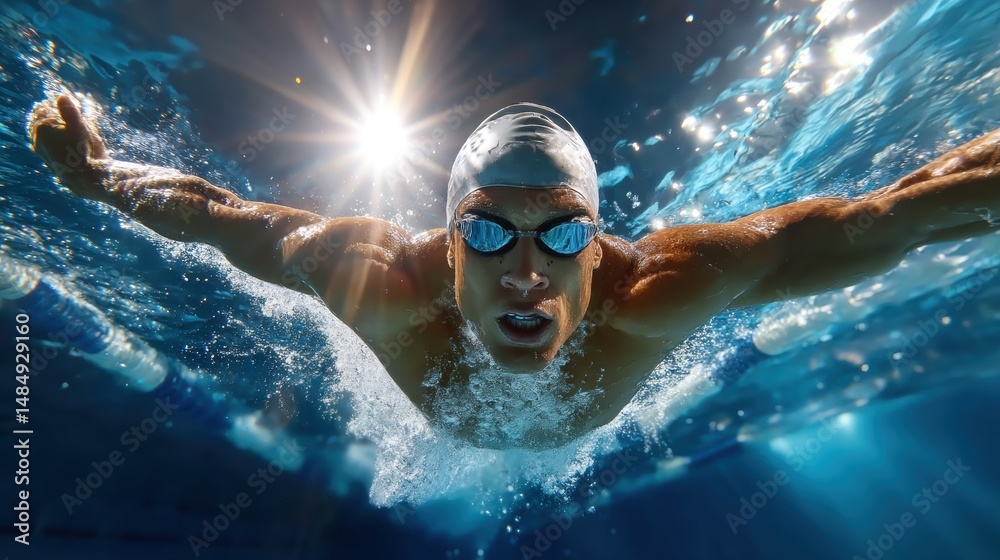 Naklejka premium Swimmer powers forward underwater with intensity during professional championship event, cutting through water with fierce precision and focus. Concept of sport, determination, training.