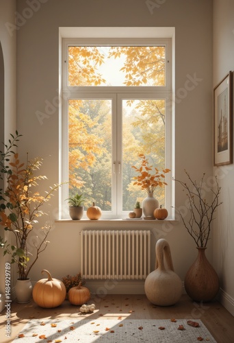 Minimalist interior with autumn decor and sunlight filtering through leaves, creating a calm lifestyle aesthetic and warm atmosphere Generative AI