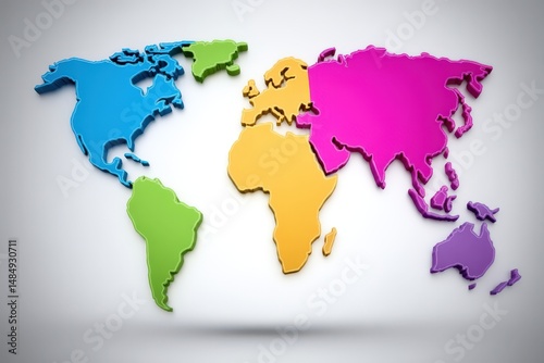 Colorful world map illustration featuring distinct regions in vibrant hues emphasizing geographical boundaries highlighting global interconnectedness creating a visually striking educational tool