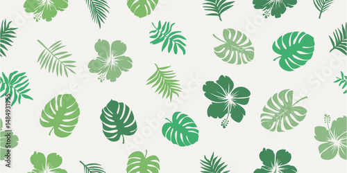 exotic leaves seamless pattern. tropical plants and palm tree illustrations. fabric, wallpaper, covers, cards, wall art, posters and decoration.