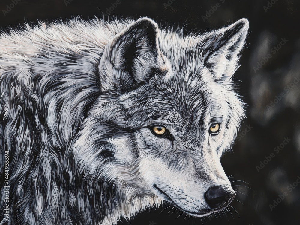 Obraz premium Majestic grey wolf portrait. Striking black & white painting with intense gaze. Perfect for wildlife, nature, and animal-themed projects. Ideal for print, web, and social media.