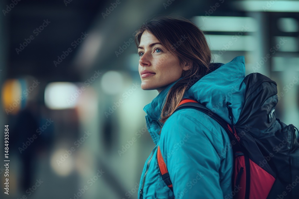 Obraz premium Tourist woman in blue jacket at airport