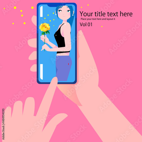 スマホの中の可愛い女性のデザインでフラットイラスト,背景はピンク