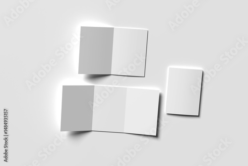 Blank white tri folded and Dl brochure mockup. Open booklet isolated. 