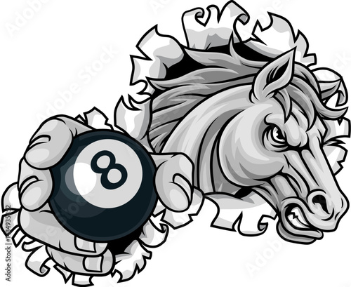 Horse mustang bronco stallion angry pool billiards sports team mascot holding a ball.