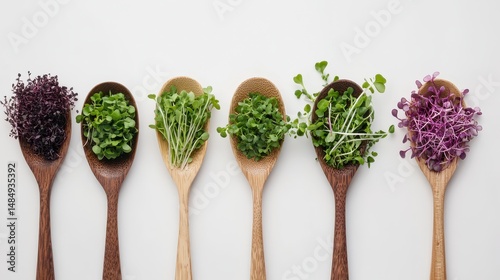Five wooden spoons with different types of microgreens on a white background.