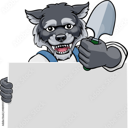 A gardener, farmer or handyman wolf cartoon mascot man holding a gardening tool