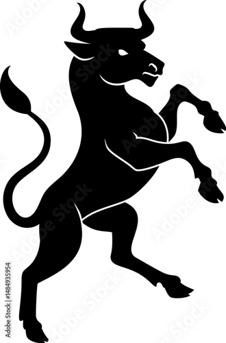A bull in a heraldry coat of arms crest heraldic style rearing, standing rampant on its hind legs.