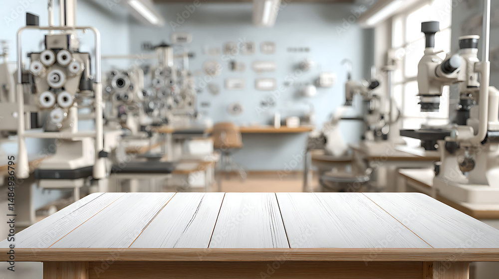 White wooden tabletop with blurred background of ophthalmology clinic and eye examination equipment for product display and advertising White wooden tabletop with blurred background of ophthalmology clinic and eye examination equipment for product display and advertising