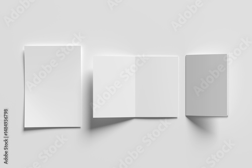 Flyer bifold brochure white blank square three panel roll fold opened on white