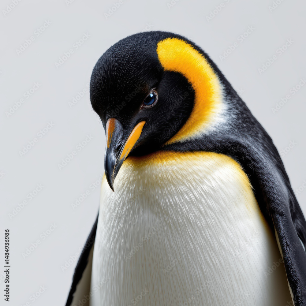 Naklejka premium Close up of king penguin with detailed feathers and striking colors, showing gentle and curious expression against plain background