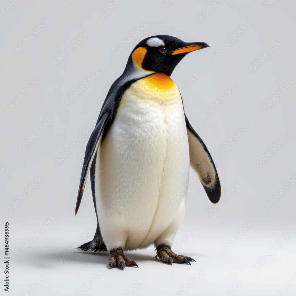 Obraz premium Close up of penguin standing on plain background, showcasing its colorful plumage and distinctive markings with calm and curious expression
