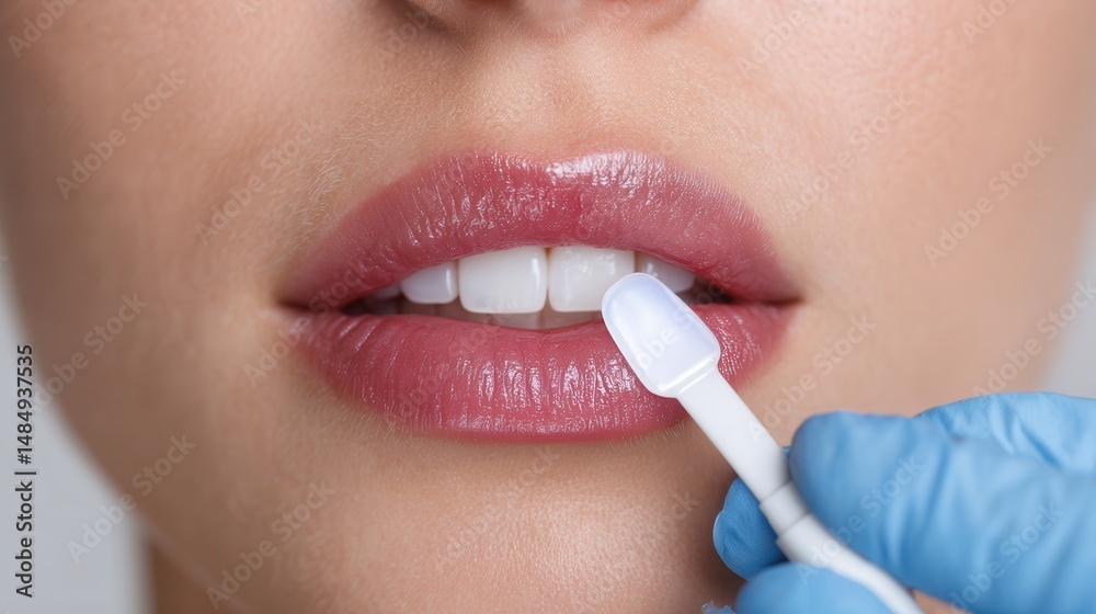 Naklejka premium Teeth cosmetic beauty dentist care gum teeth Close-up of a person applying dental treatment to their lips.