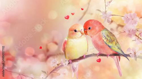 A romantic scene featuring two colorful lovebirds perched on a branch amidst soft pastel blossoms and hearts, evoking warmth and affection.